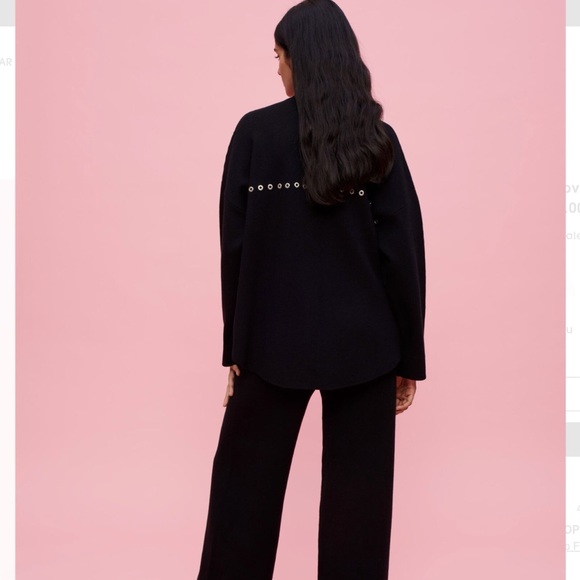 Maje Knit Overshirt with Eyelets Black and Silver Cardigan with Studded Grommets - Picture 6 of 11